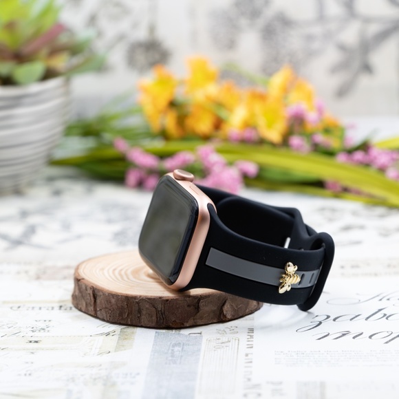 Apple Watch Band, Black and Gray Stripes Silicone Strap w/ Bee Stud 38/40mm - Picture 3 of 6